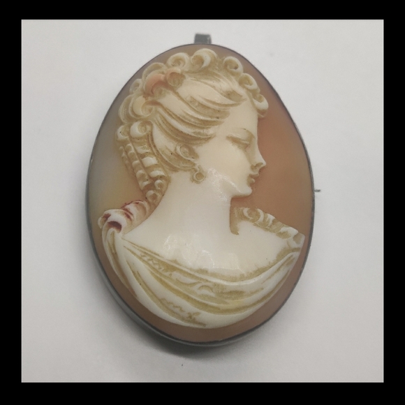 Antique Hand Carved Genuine Shell Cameo Pendant/ Brooch Silver 800 - Picture 2 of 14